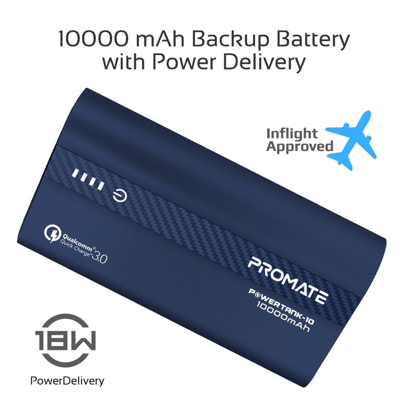 Promate 10000mAh PowerTank-10 USB-C Power Bank, Compact Palm Size 18W USB Type-C Input /Output Power Delivery External Battery Charger with QC 3.0 Port for iPhone XS /XS Max, Samsung S9/S9+, Blue